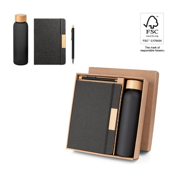 Conjunto composto por 1 esferográfica, 1 bloco de notas e 1 garrafa, em PET reciclado, alumínio reciclado e bambu - Egotier 93673